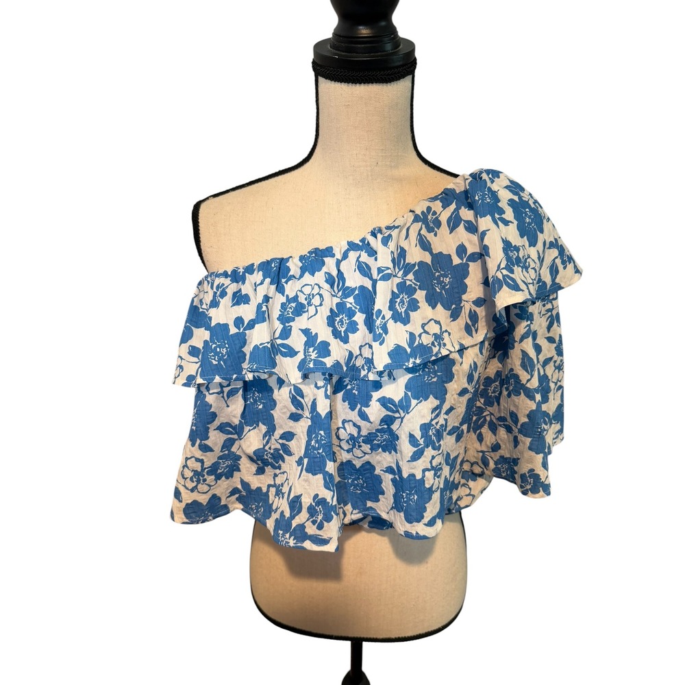 Petal + Pup Blue White Floral One Shoulder Ruffle Crop‎ Top Womens Medium - Picture 2 of 7